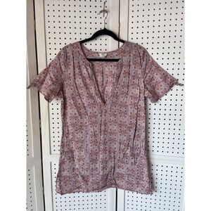 ISIS Women's 8 Sm/M Geo Print Short SLV Tunic Blouse Cotton Blouse V Neck